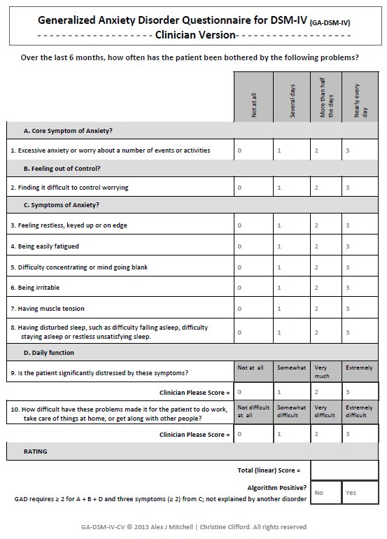 Free Generalized Anxiety Disorder Questionnaire For DSM IV